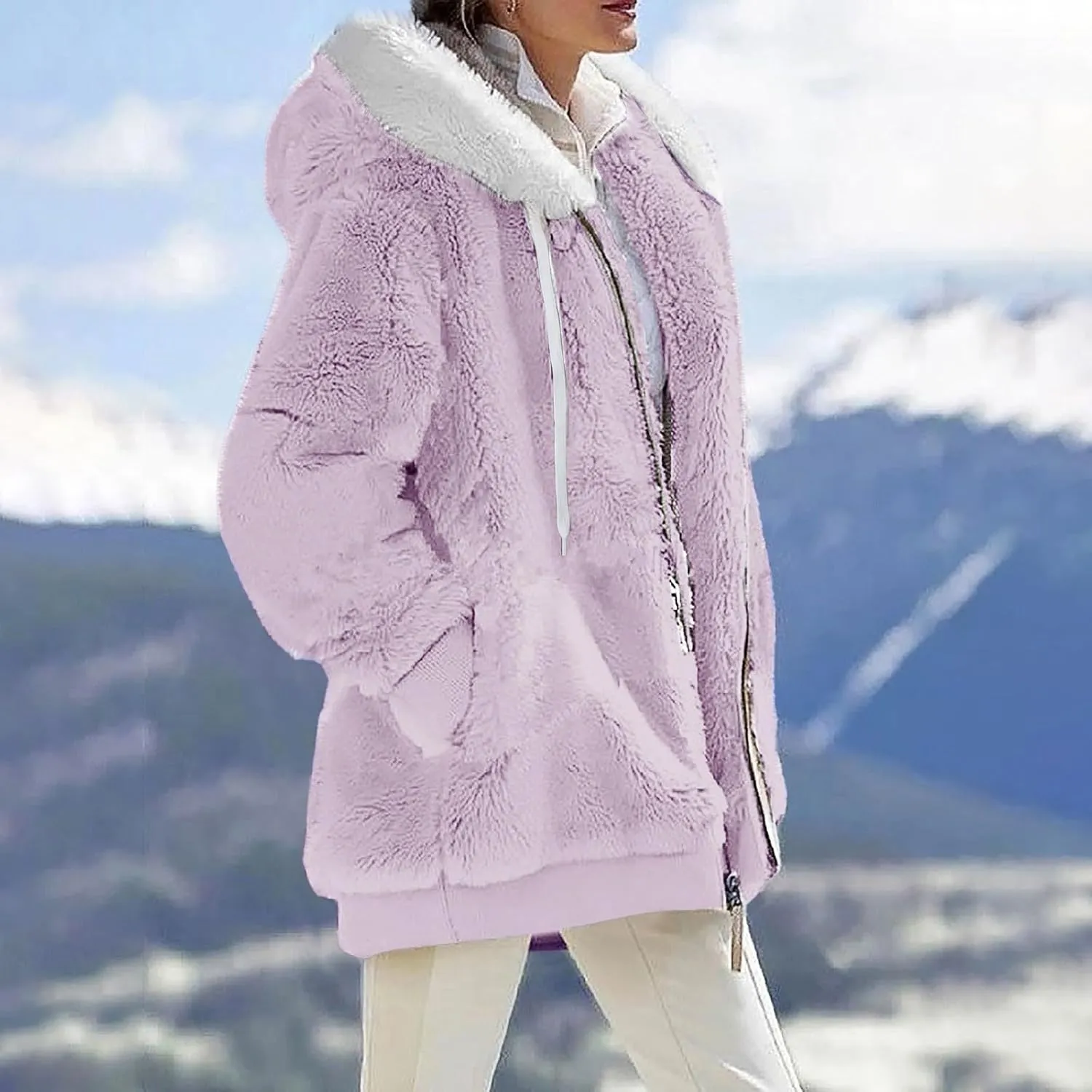 Womens Plus Size Fuzzy Fleece Jacket Winter Full Zip Plush Hooded Cardigan Coats Soft Oversized Shaggy Warm Outerwear