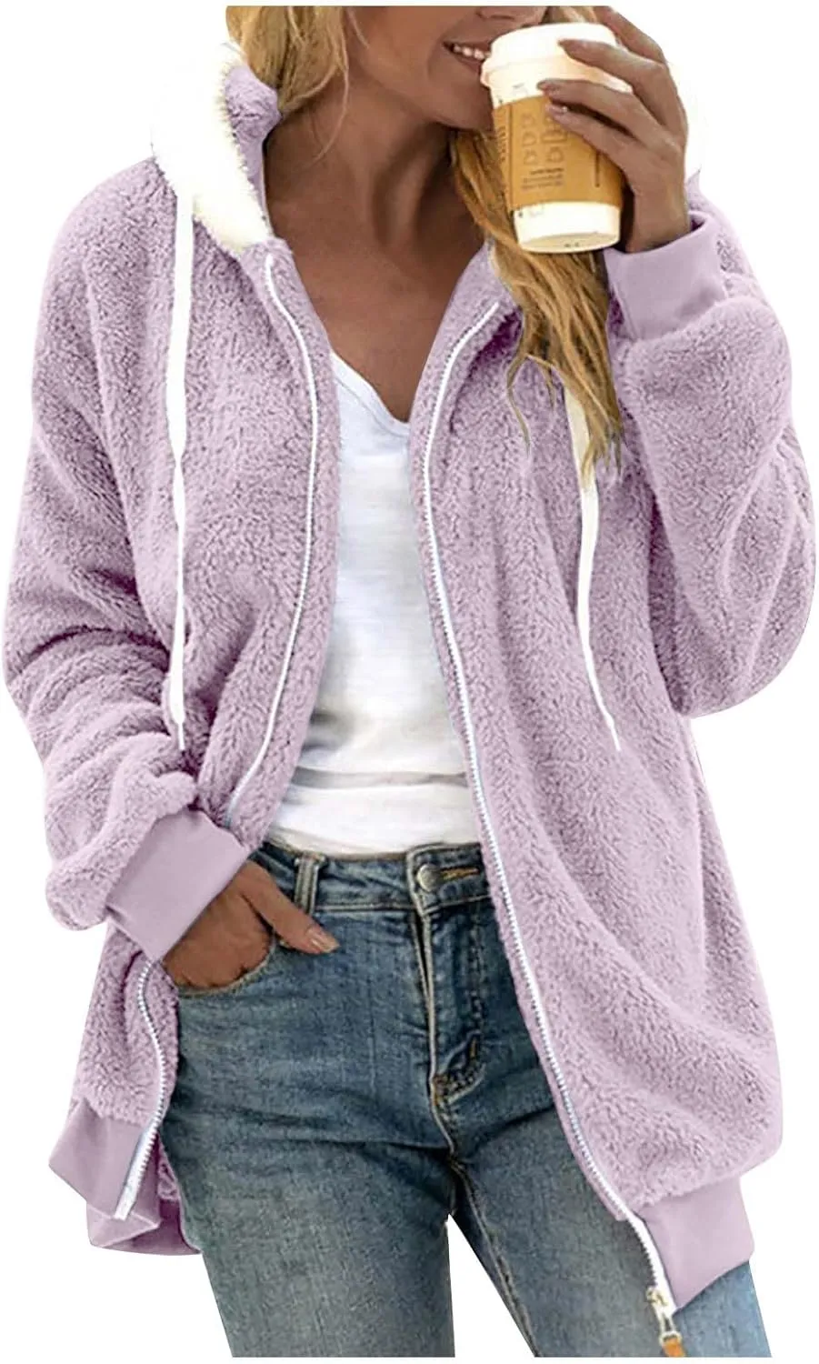 Womens Plus Size Fuzzy Fleece Jacket Winter Full Zip Plush Hooded Cardigan Coats Soft Oversized Shaggy Warm Outerwear