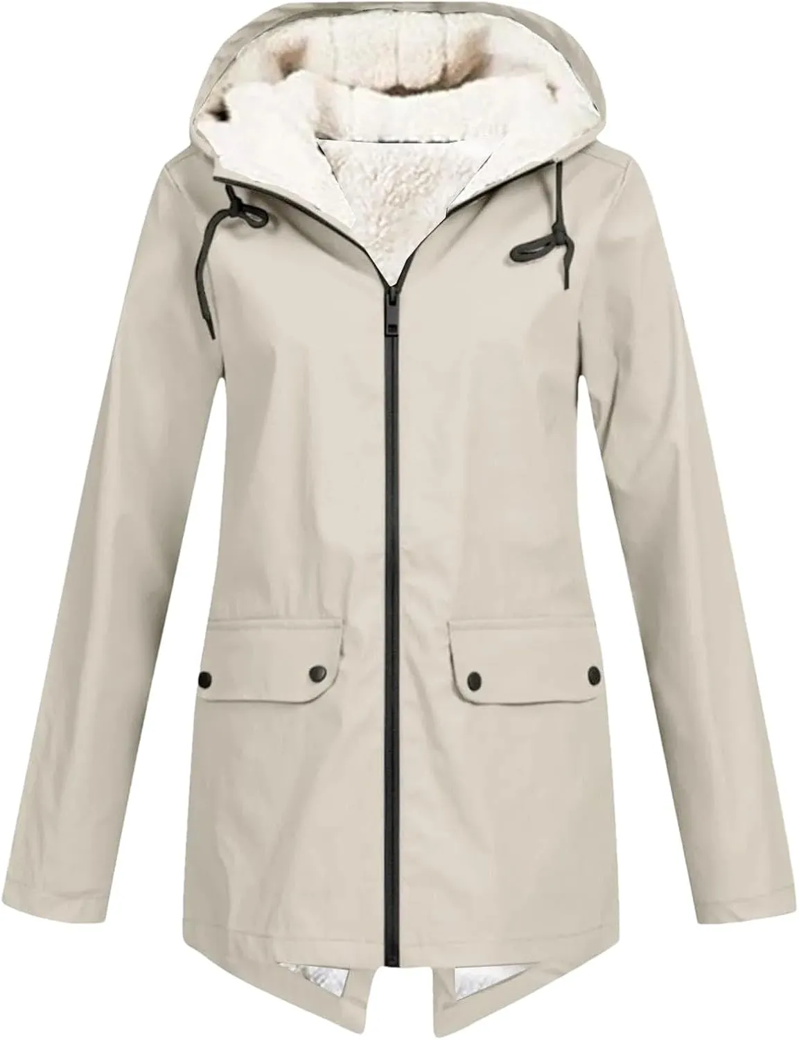 Women's Plus Size Plush Rain Jacket Outdoor Stripe Hooded Cotton Padded Jacket Mid-Length Cotton Coat Beige