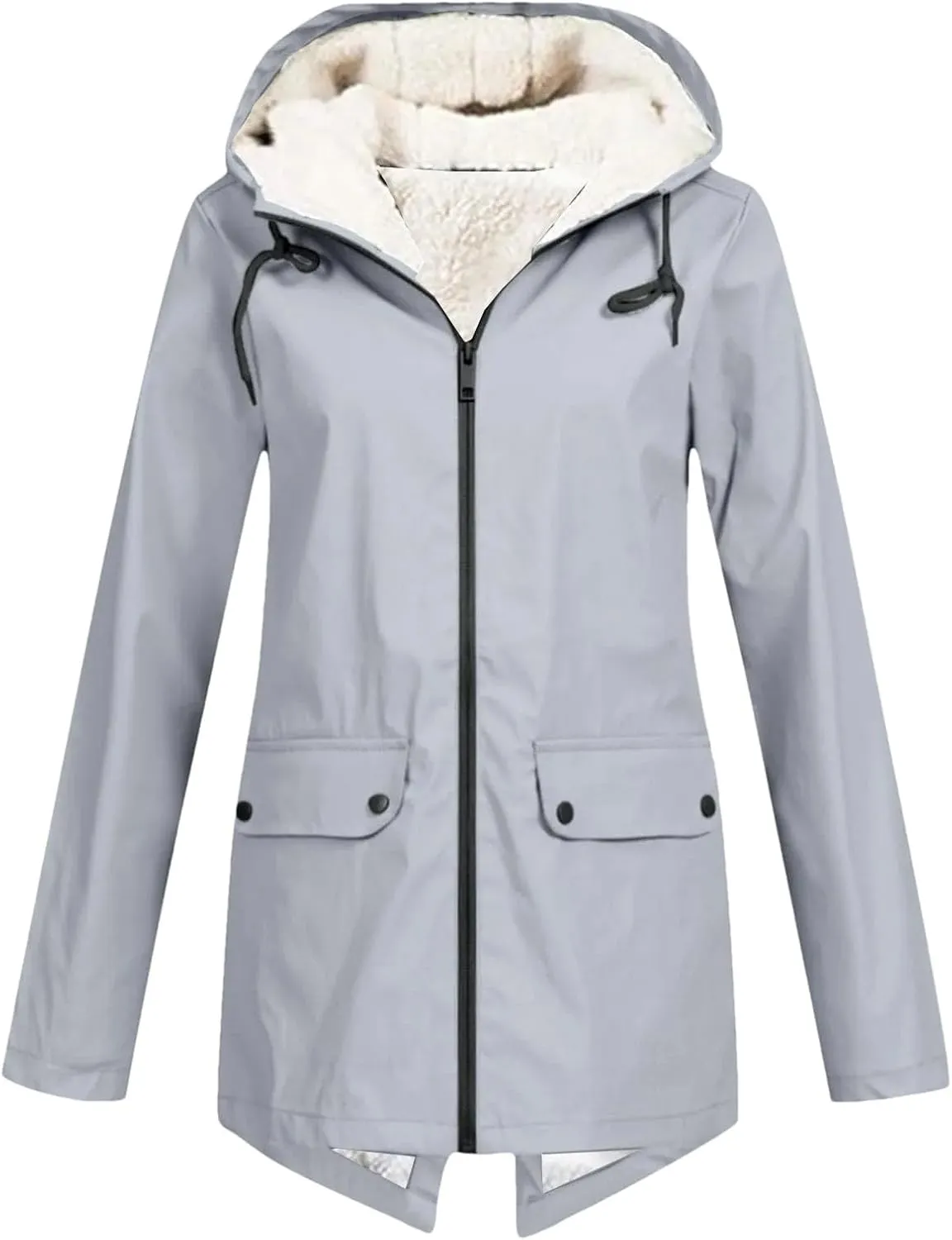 Women's Plus Size Plush Rain Jacket Outdoor Stripe Hooded Cotton Padded Jacket Mid-Length Cotton Coat Gray