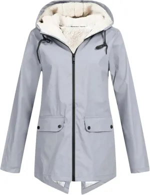 Women's Plus Size Plush Rain Jacket Outdoor Stripe Hooded Cotton Padded Jacket Mid-Length Cotton Coat Gray