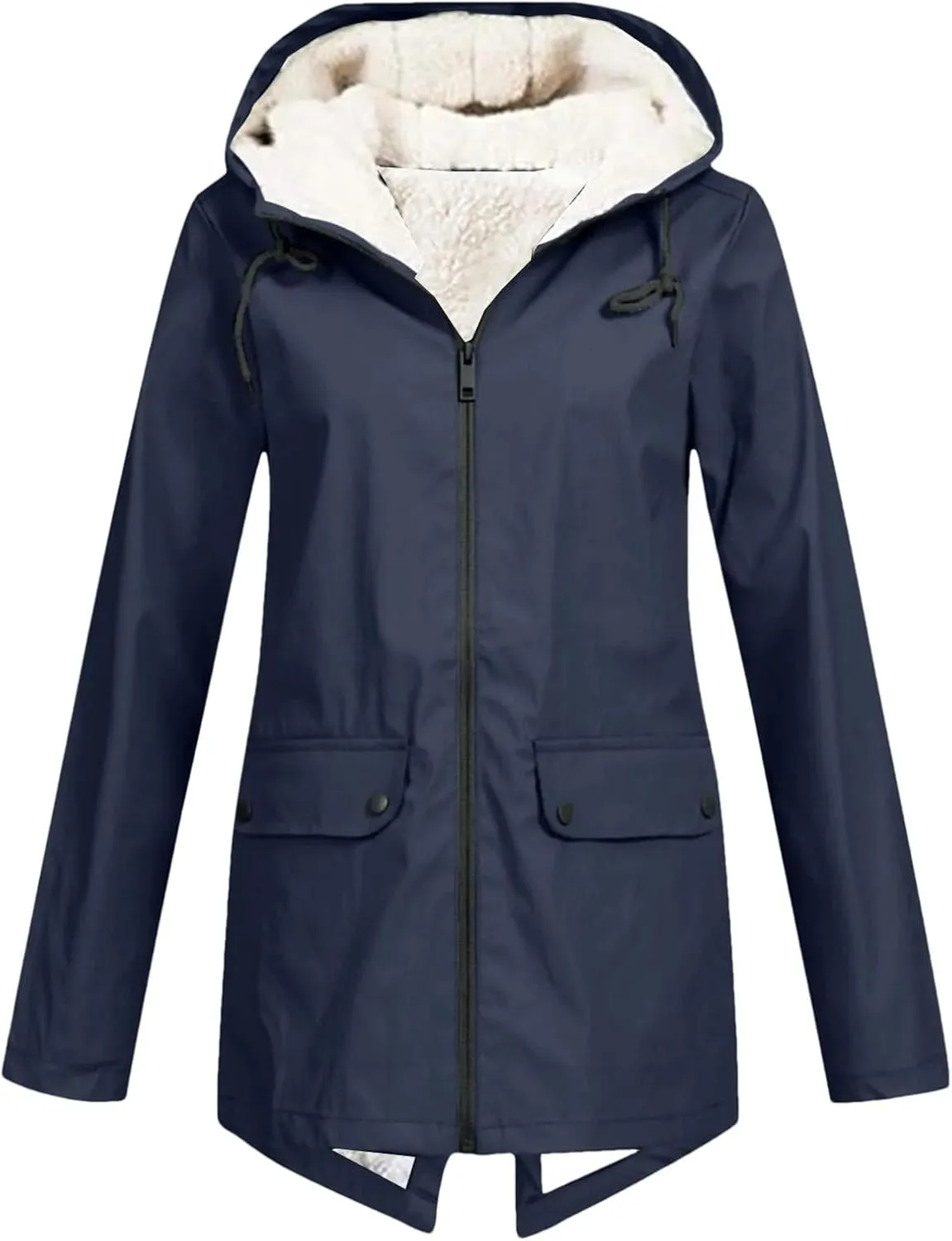 Women's Plus Size Plush Rain Jacket Outdoor Stripe Hooded Cotton Padded Jacket Mid-Length Cotton Coat Navy
