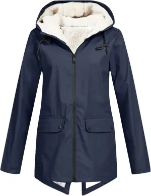 Women's Plus Size Plush Rain Jacket Outdoor Stripe Hooded Cotton Padded Jacket Mid-Length Cotton Coat Navy