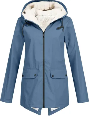 Women's Plus Size Plush Rain Jacket Outdoor Stripe Hooded Cotton Padded Jacket Mid-Length Cotton Coat Sky Blue