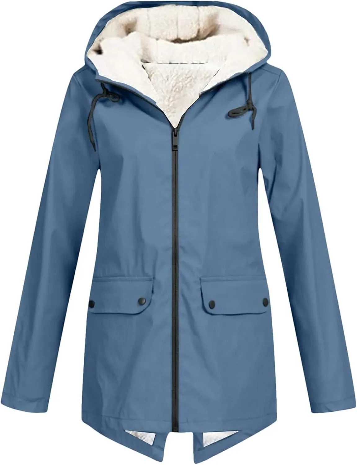 Women's Plus Size Plush Rain Jacket Outdoor Stripe Hooded Cotton Padded Jacket Mid-Length Cotton Coat Sky Blue