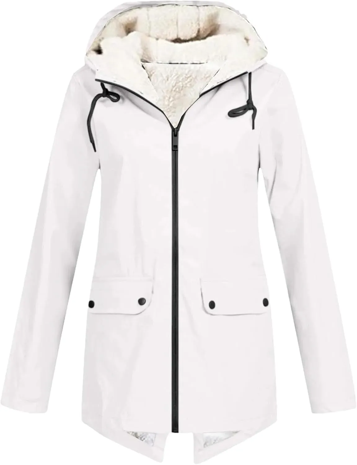 Women's Plus Size Plush Rain Jacket Outdoor Stripe Hooded Cotton Padded Jacket Mid-Length Cotton Coat White
