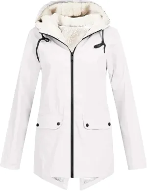 Women's Plus Size Plush Rain Jacket Outdoor Stripe Hooded Cotton Padded Jacket Mid-Length Cotton Coat White
