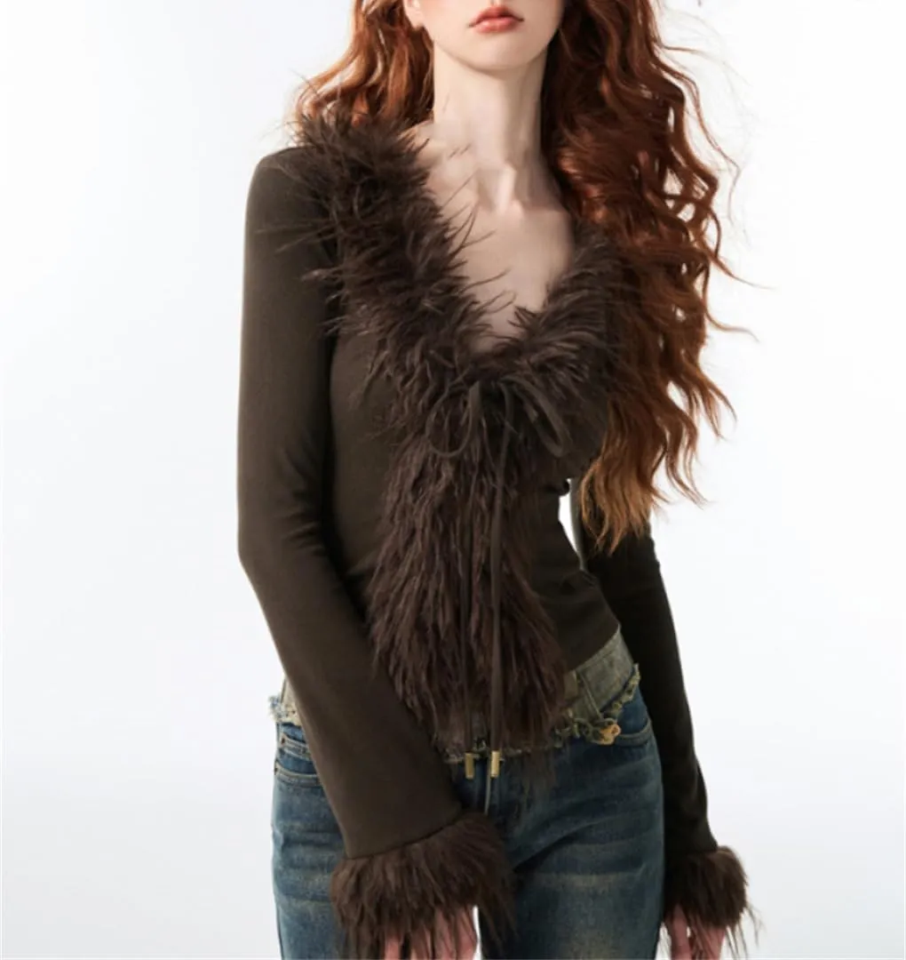 Women's Retro V-Neck Y2k Bow Tie Cardigan Solid Color Slim Fit Feather Fringed Long Sleeved Knitted Cardigan