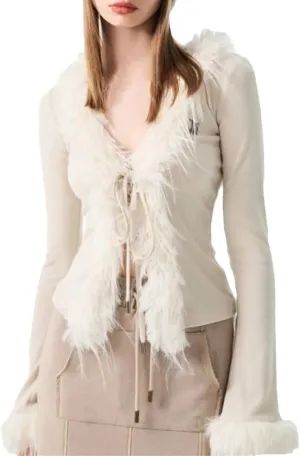 Women's Retro V-Neck Y2k Bow Tie Cardigan Solid Color Slim Fit Feather Fringed Long Sleeved Knitted Cardigan