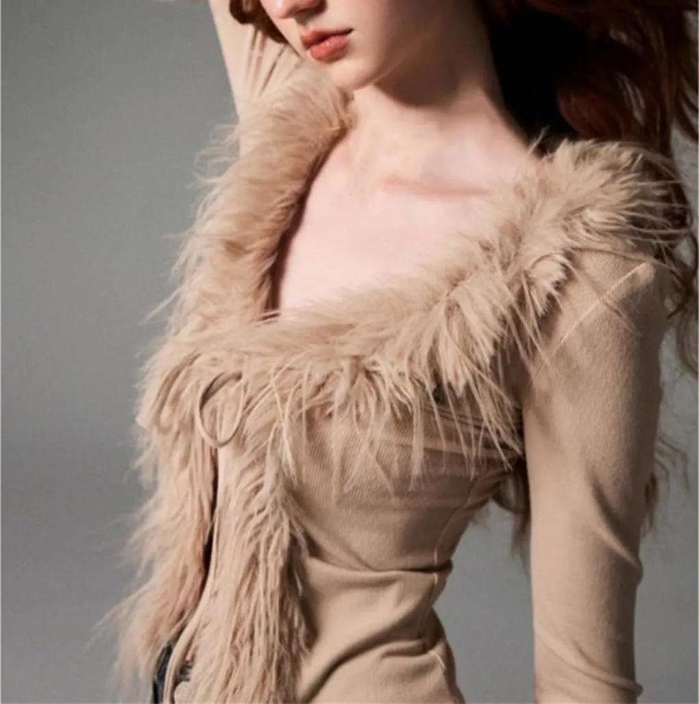 Women's Retro V-Neck Y2k Bow Tie Cardigan Solid Color Slim Fit Feather Fringed Long Sleeved Knitted Cardigan