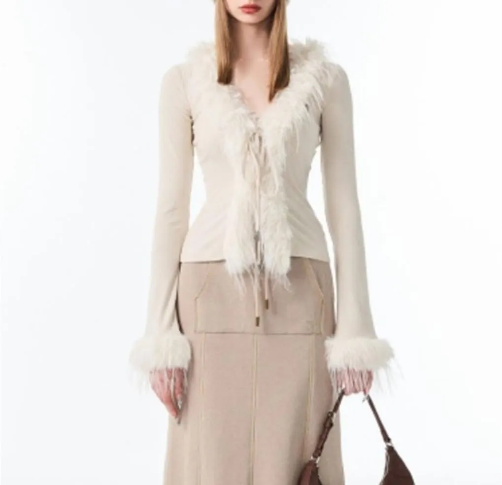 Women's Retro V-Neck Y2k Bow Tie Cardigan Solid Color Slim Fit Feather Fringed Long Sleeved Knitted Cardigan
