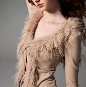 Women's Retro V-Neck Y2k Bow Tie Cardigan Solid Color Slim Fit Feather Fringed Long Sleeved Knitted Cardigan