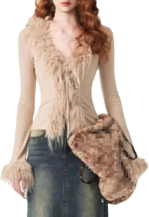 Women's Retro V-Neck Y2k Bow Tie Cardigan Solid Color Slim Fit Feather Fringed Long Sleeved Knitted Cardigan