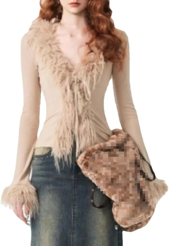 Women's Retro V-Neck Y2k Bow Tie Cardigan Solid Color Slim Fit Feather Fringed Long Sleeved Knitted Cardigan