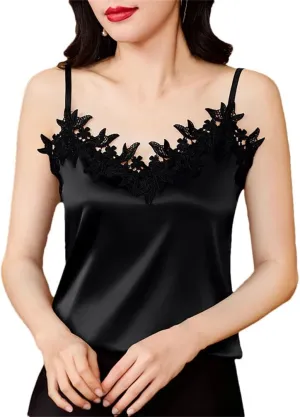 Women's Sexy Silk Satin Camis Spring Summer Tank Tops Sleeveless Patchwork Lace Camisole