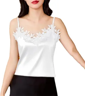 Women's Sexy Silk Satin Camis Spring Summer Tank Tops Sleeveless Patchwork Lace Camisole
