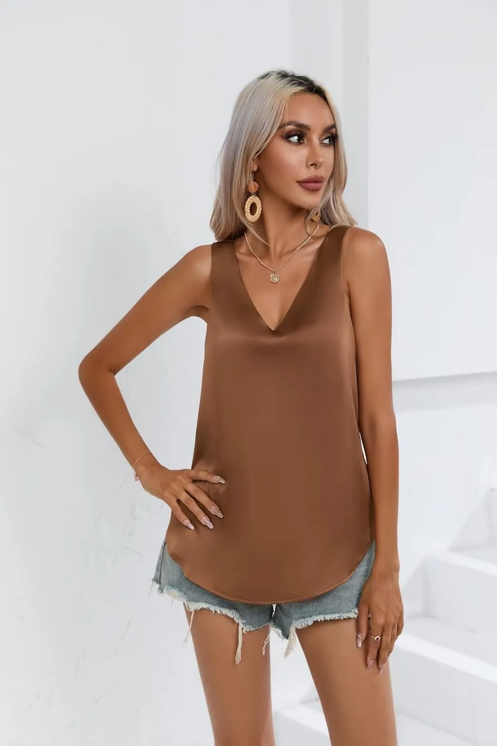Womens Silk Satin Tank Top V Neck Sleeveless Camisole Shirts S-XXL