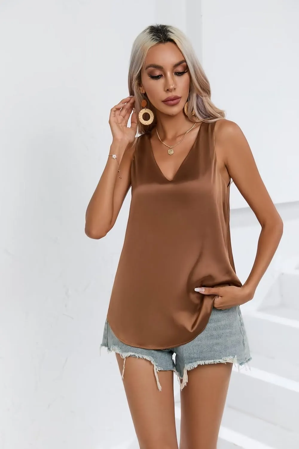 Womens Silk Satin Tank Top V Neck Sleeveless Camisole Shirts S-XXL