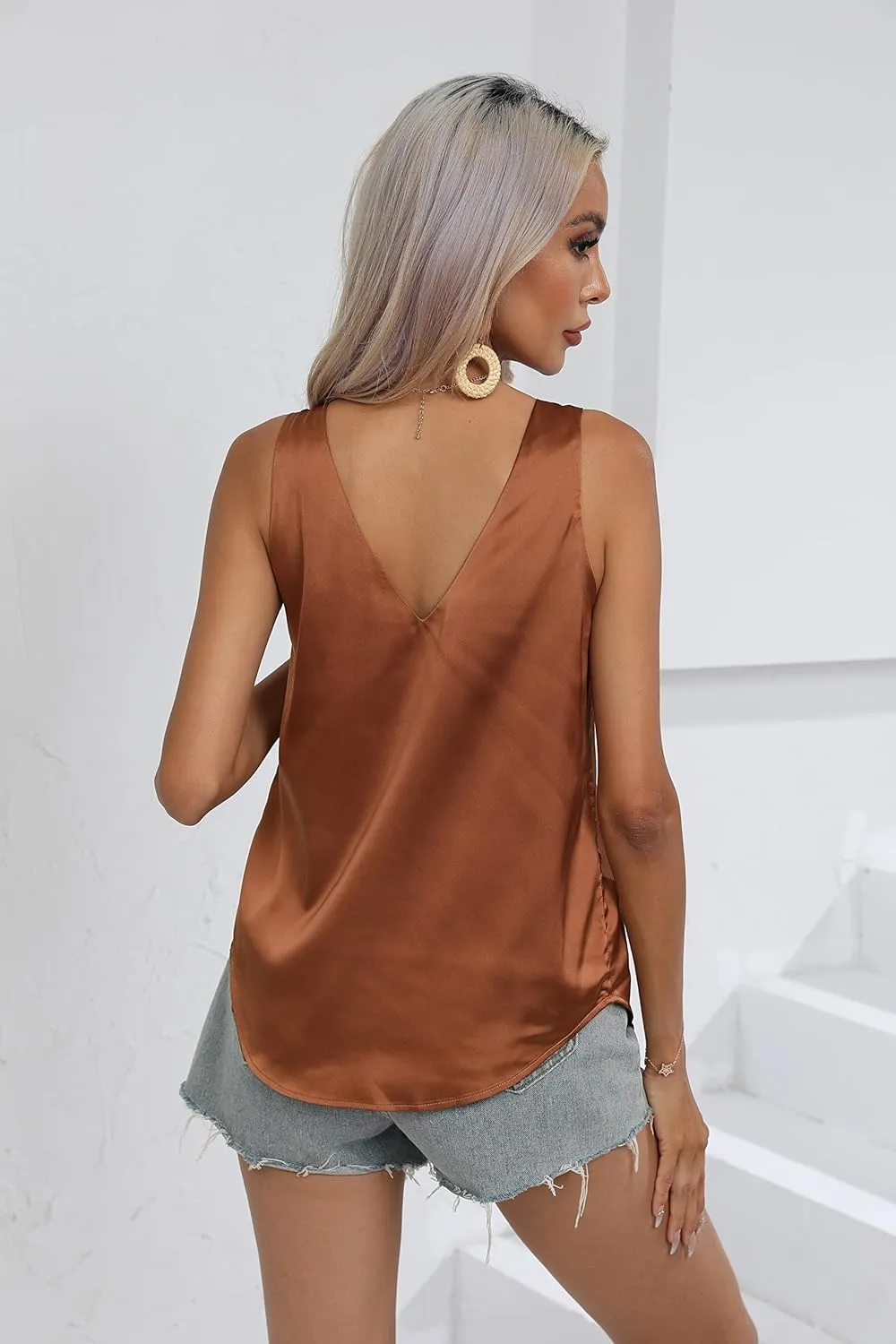 Womens Silk Satin Tank Top V Neck Sleeveless Camisole Shirts S-XXL