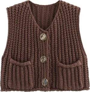 Women's Sleeveless Knit Cardigan Casual Button Down Cropped Knitted Sweater Vest with Pockets