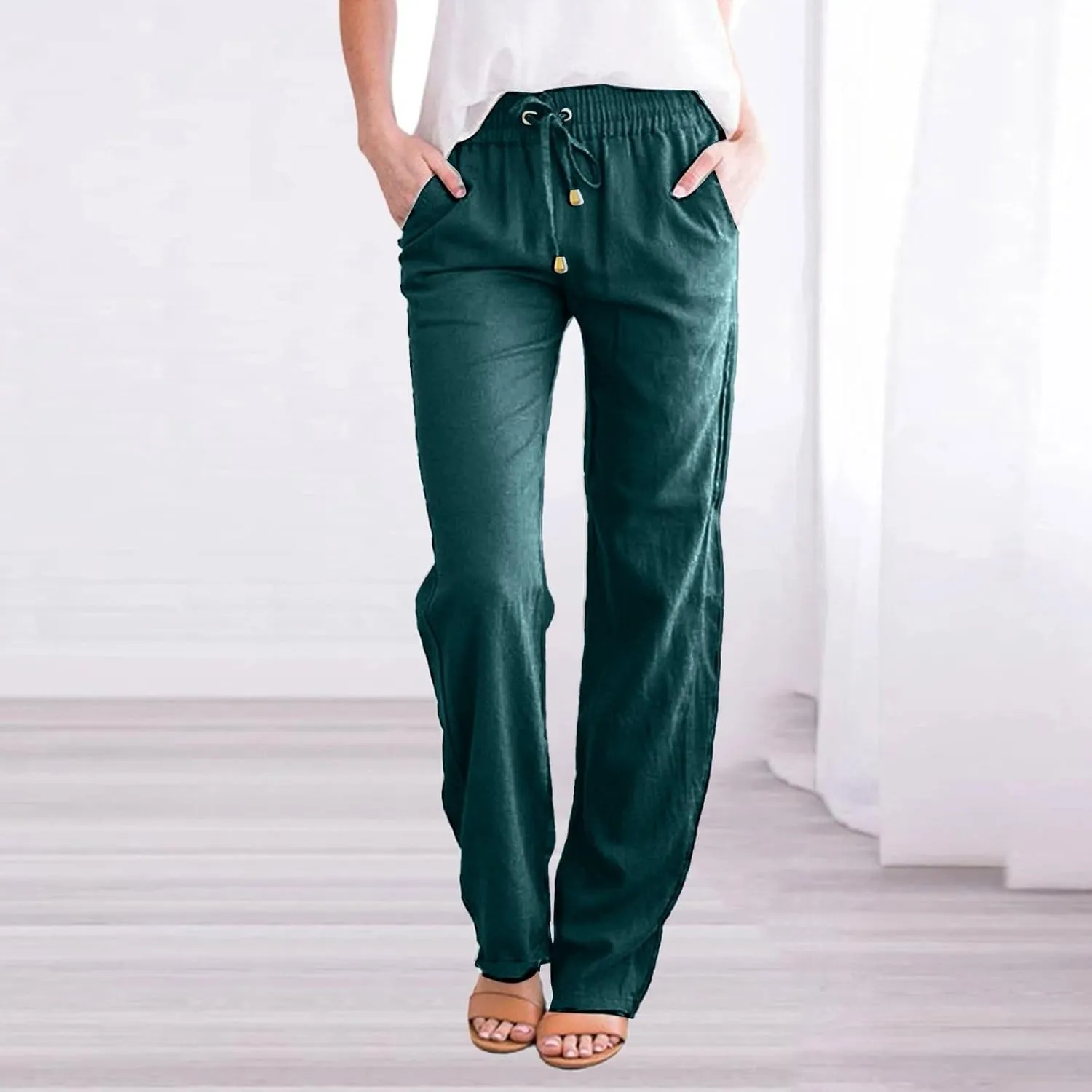 Women's Straight Leg Pants Winter Baggy Travel Slacks with Pockets Barrel Pants Elastic Waist