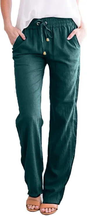 Women's Straight Leg Pants Winter Baggy Travel Slacks with Pockets Barrel Pants Elastic Waist