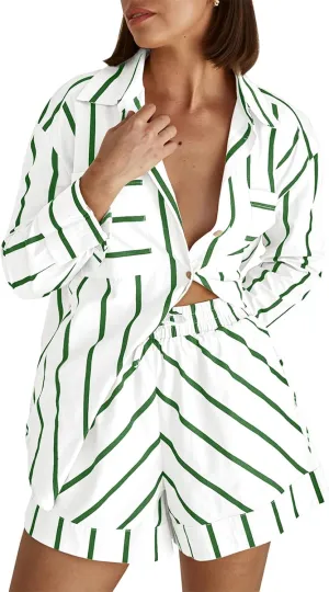 Women's Striped 2 Piece Outfits Casual Button Down Shirts and Shorts Drawstring Pajamas Lounge Matching Sets
