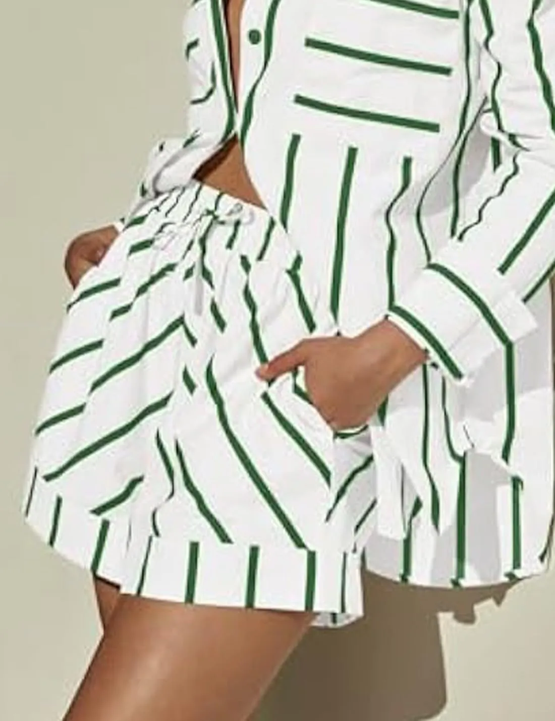Women's Striped 2 Piece Outfits Casual Button Down Shirts and Shorts Drawstring Pajamas Lounge Matching Sets