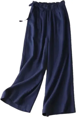 Women's Summer Cotton Linen Pants  Straight Trousers Vintage Casual Ankle-Length Drawstring Elastic Waist