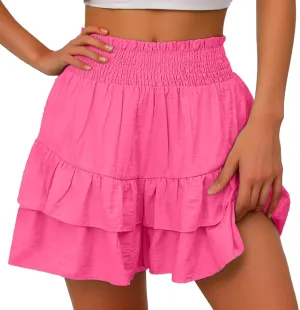 Womens Summer Shorts Ruffle Layered Skirt Elastic High Waisted Shorts Flared Pleated Hem Pants Fashion Outfits