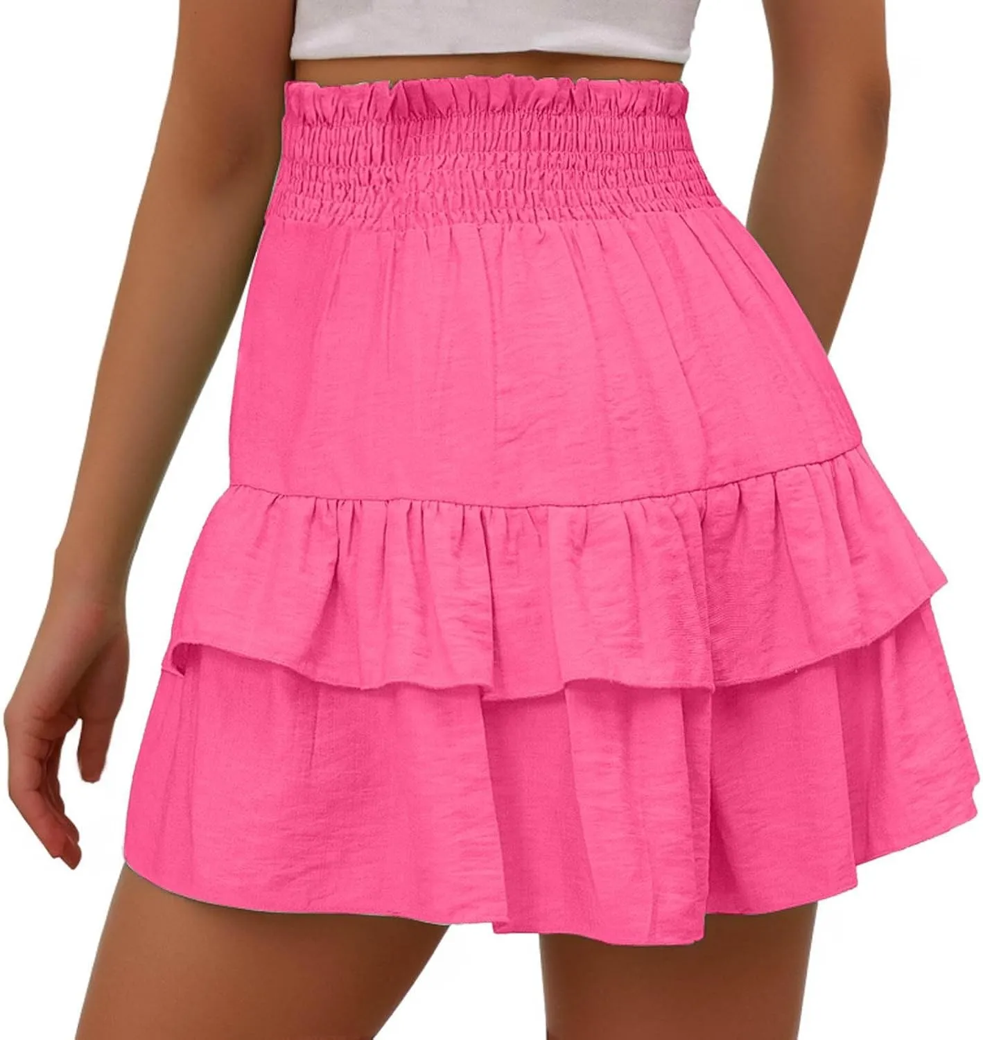 Womens Summer Shorts Ruffle Layered Skirt Elastic High Waisted Shorts Flared Pleated Hem Pants Fashion Outfits