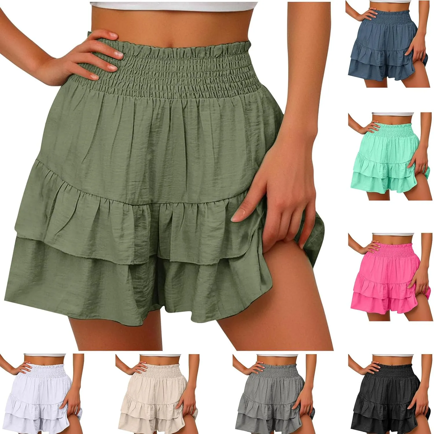 Womens Summer Shorts Ruffle Layered Skirt Elastic High Waisted Shorts Flared Pleated Hem Pants Fashion Outfits