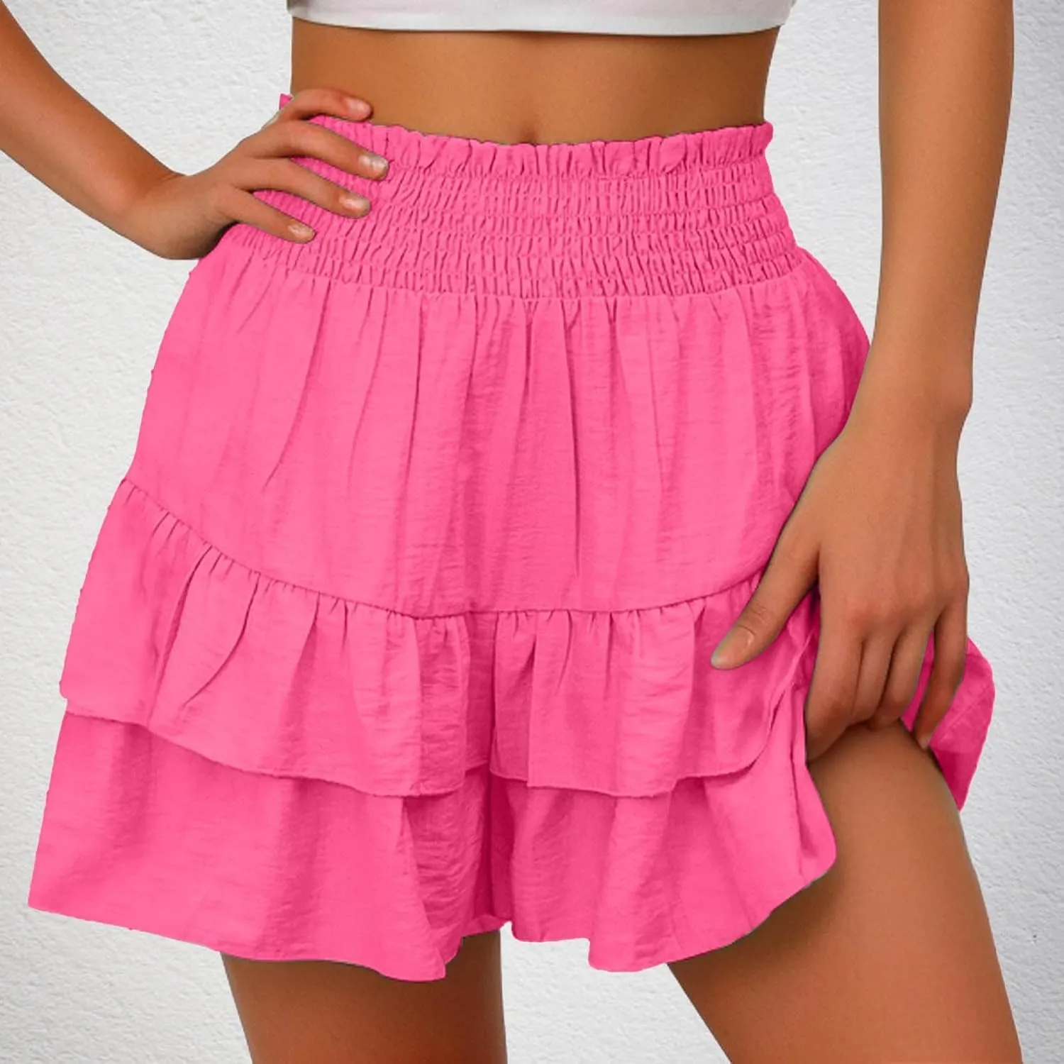 Womens Summer Shorts Ruffle Layered Skirt Elastic High Waisted Shorts Flared Pleated Hem Pants Fashion Outfits