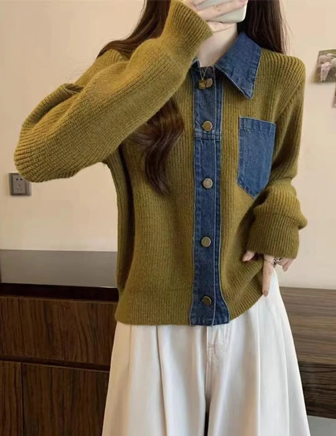 Womens Sweaters Patchwork Denim Sweater Cardigan Long Sleeve Chunky Knit Cardigans Fall Cardigan