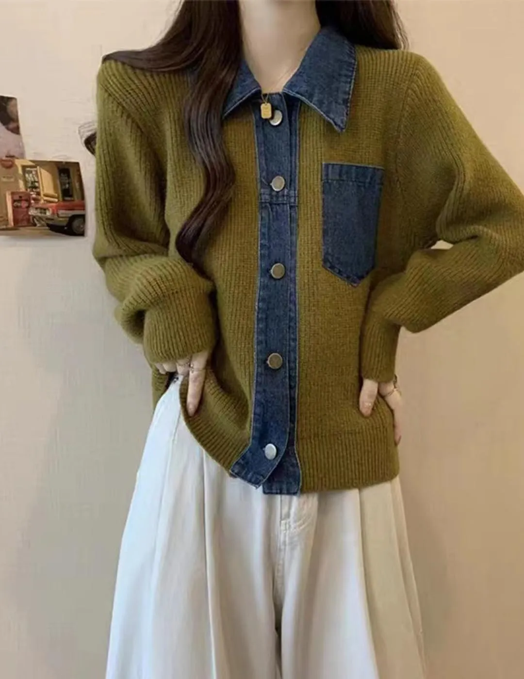 Womens Sweaters Patchwork Denim Sweater Cardigan Long Sleeve Chunky Knit Cardigans Fall Cardigan