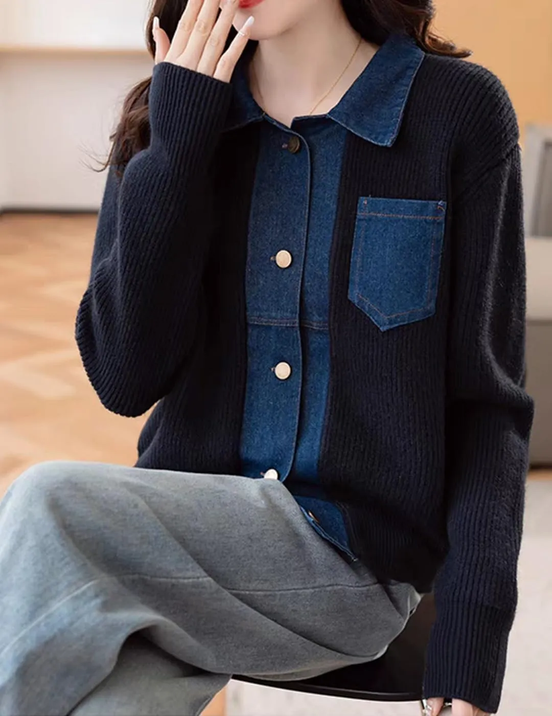 Womens Sweaters Patchwork Denim Sweater Cardigan Long Sleeve Chunky Knit Cardigans Fall Cardigan
