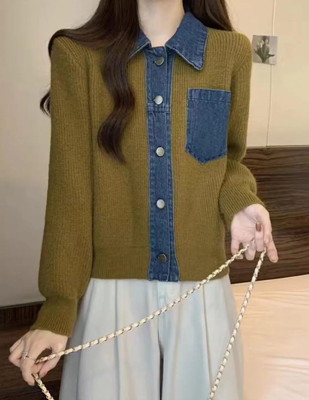 Womens Sweaters Patchwork Denim Sweater Cardigan Long Sleeve Chunky Knit Cardigans Fall Cardigan