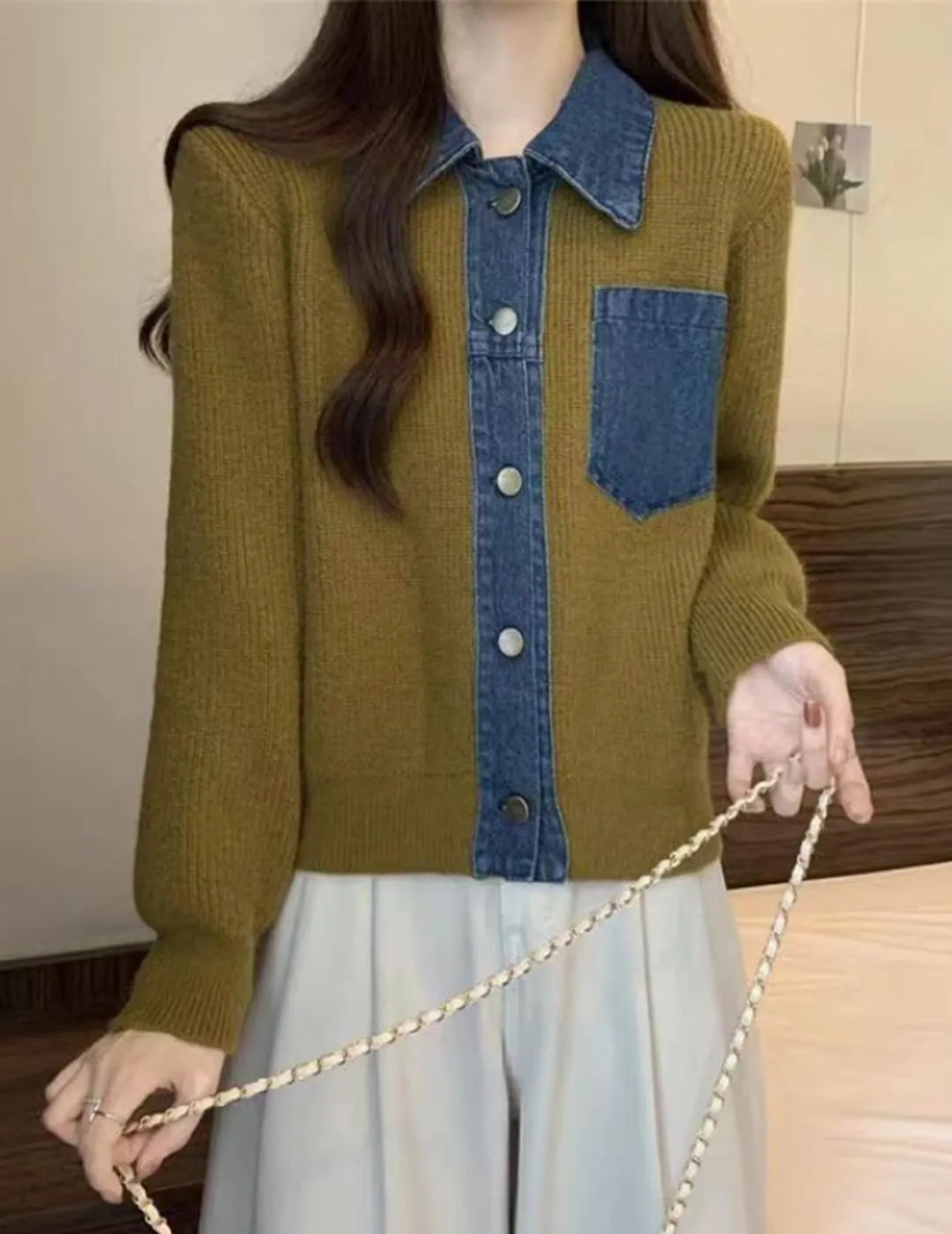 Womens Sweaters Patchwork Denim Sweater Cardigan Long Sleeve Chunky Knit Cardigans Fall Cardigan