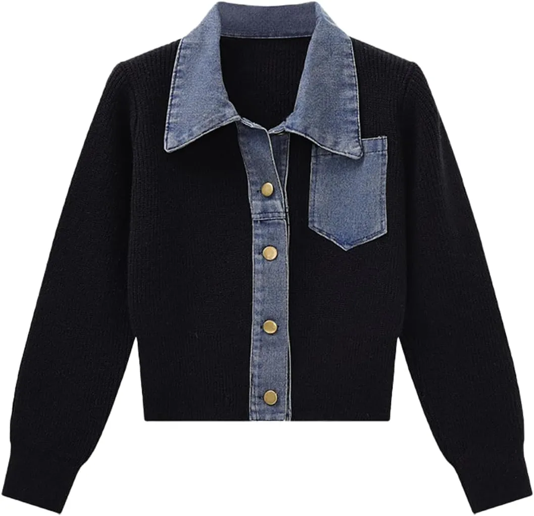 Womens Sweaters Patchwork Denim Sweater Cardigan Long Sleeve Chunky Knit Cardigans Fall Cardigan