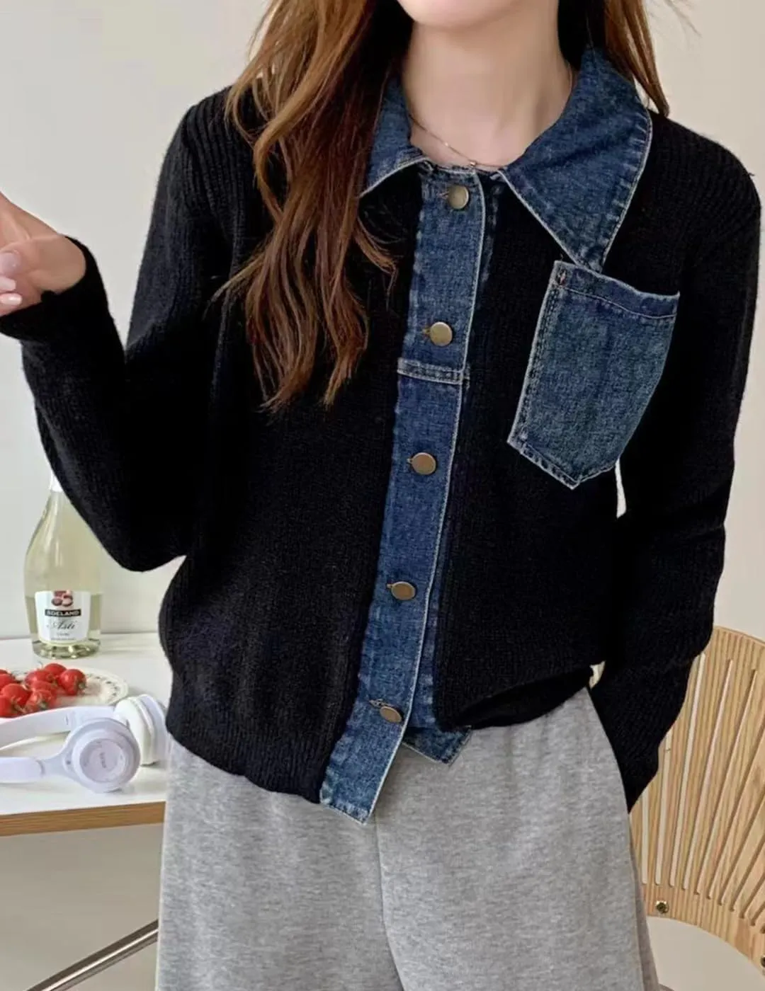 Womens Sweaters Patchwork Denim Sweater Cardigan Long Sleeve Chunky Knit Cardigans Fall Cardigan