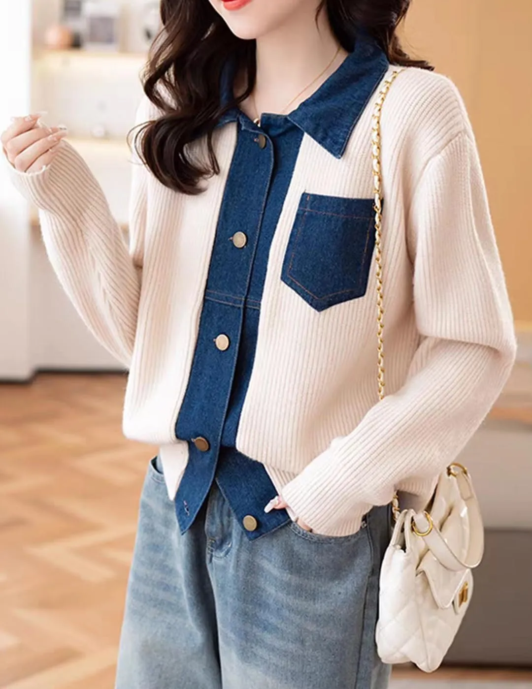 Womens Sweaters Patchwork Denim Sweater Cardigan Long Sleeve Chunky Knit Cardigans Fall Cardigan