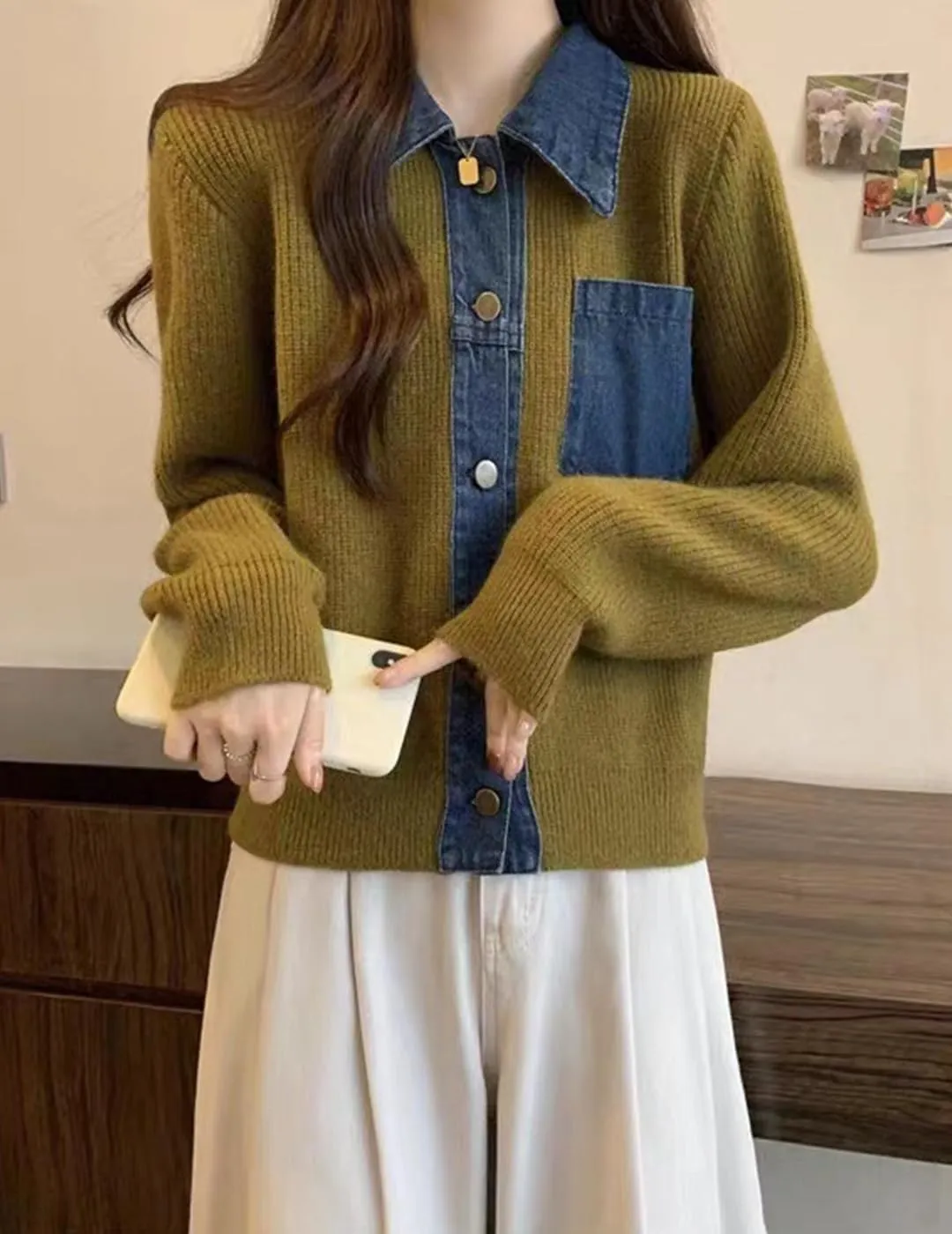Womens Sweaters Patchwork Denim Sweater Cardigan Long Sleeve Chunky Knit Cardigans Fall Cardigan