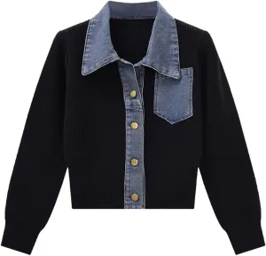 Womens Sweaters Patchwork Denim Sweater Cardigan Long Sleeve Chunky Knit Cardigans Fall Cardigan