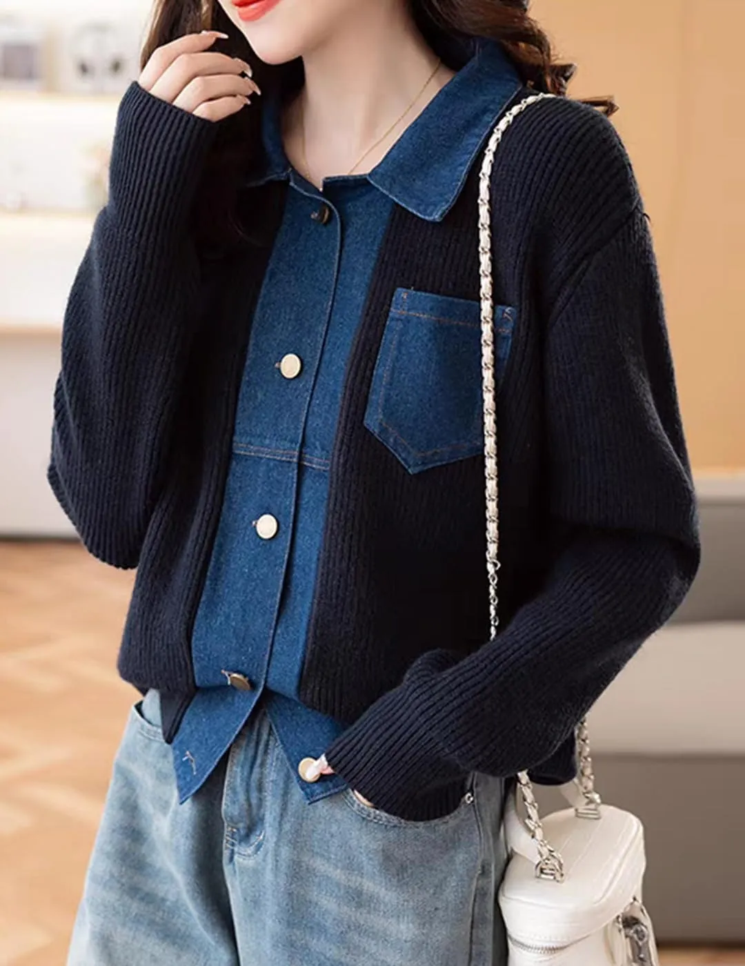 Womens Sweaters Patchwork Denim Sweater Cardigan Long Sleeve Chunky Knit Cardigans Fall Cardigan