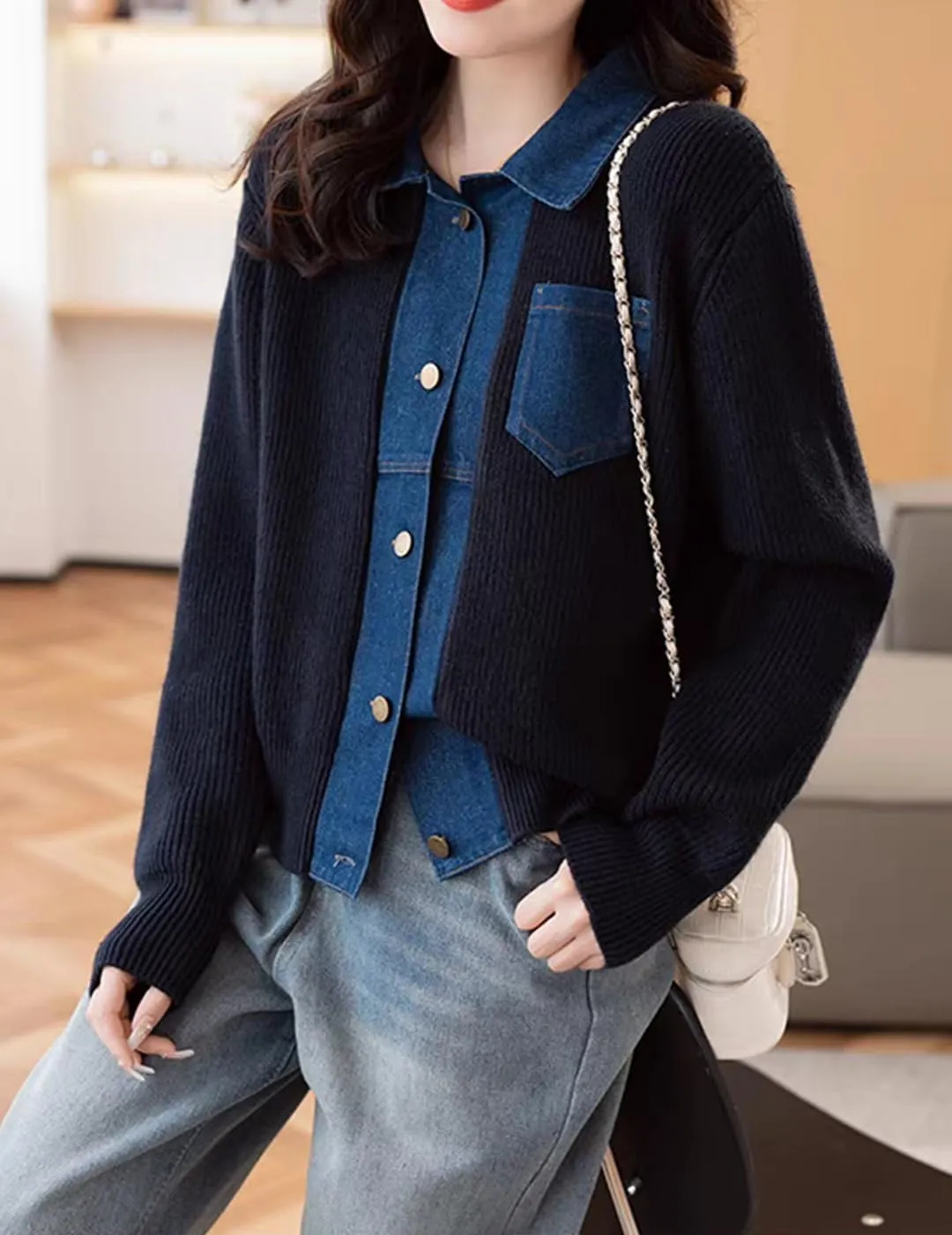 Womens Sweaters Patchwork Denim Sweater Cardigan Long Sleeve Chunky Knit Cardigans Fall Cardigan