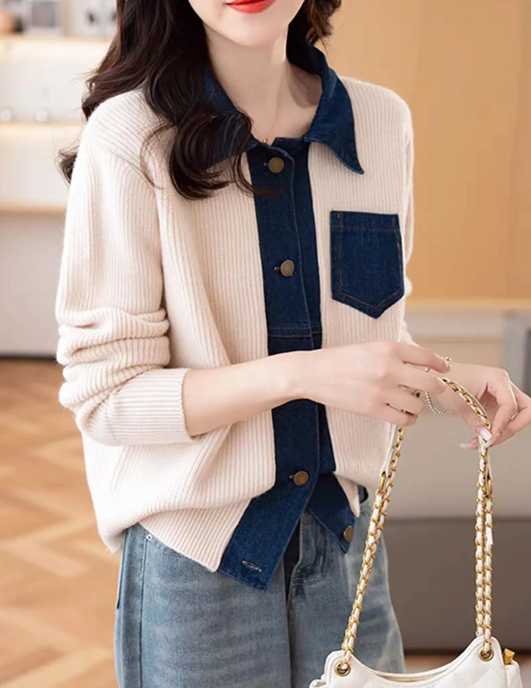 Womens Sweaters Patchwork Denim Sweater Cardigan Long Sleeve Chunky Knit Cardigans Fall Cardigan