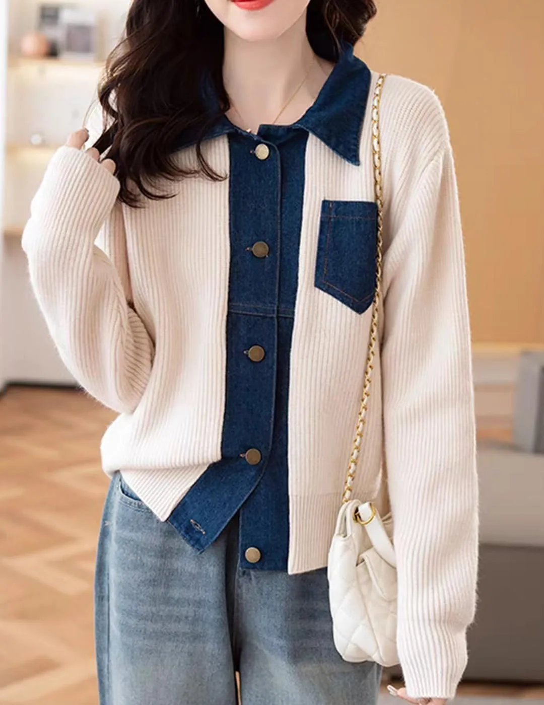 Womens Sweaters Patchwork Denim Sweater Cardigan Long Sleeve Chunky Knit Cardigans Fall Cardigan
