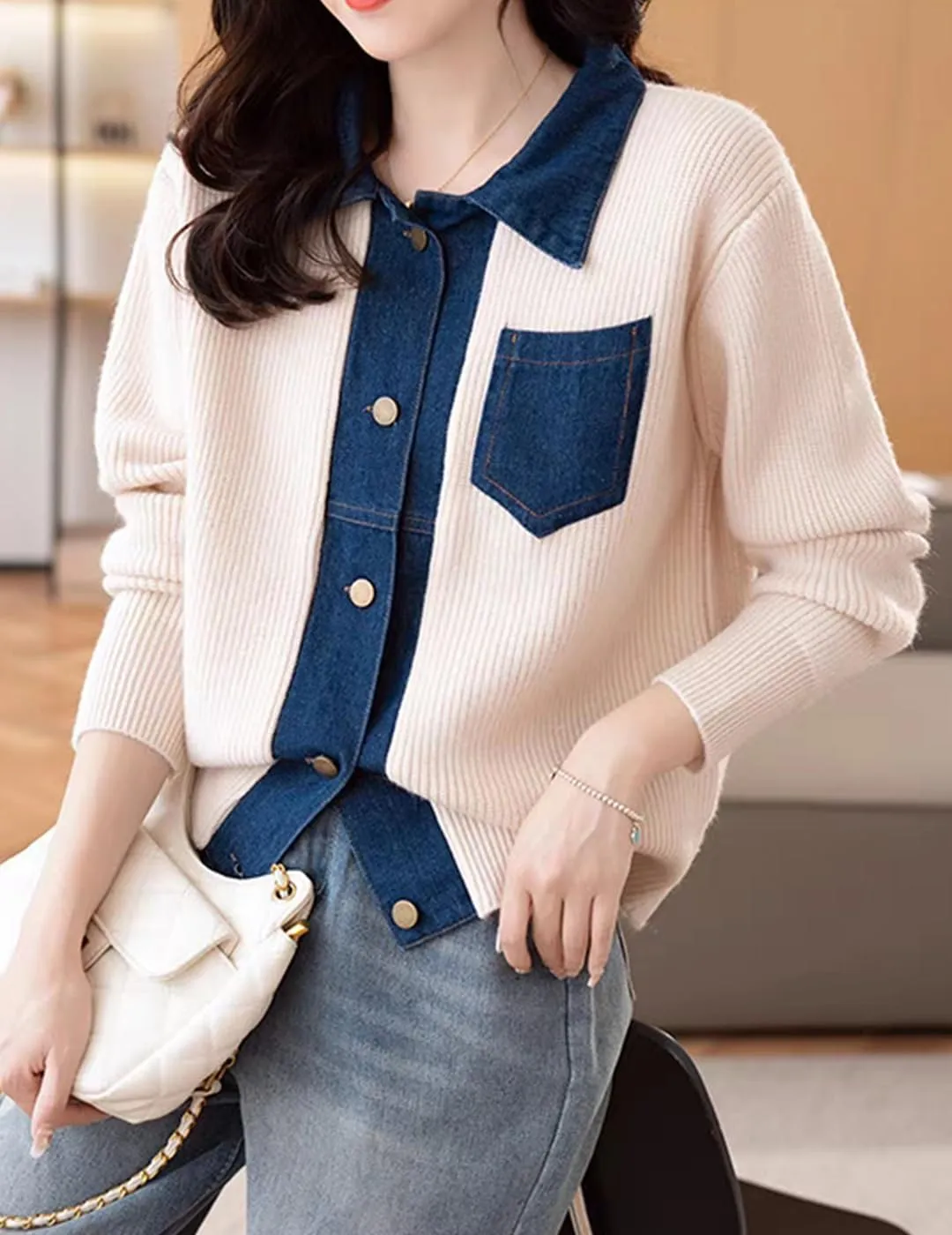 Womens Sweaters Patchwork Denim Sweater Cardigan Long Sleeve Chunky Knit Cardigans Fall Cardigan