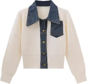 Womens Sweaters Patchwork Denim Sweater Cardigan Long Sleeve Chunky Knit Cardigans Fall Cardigan