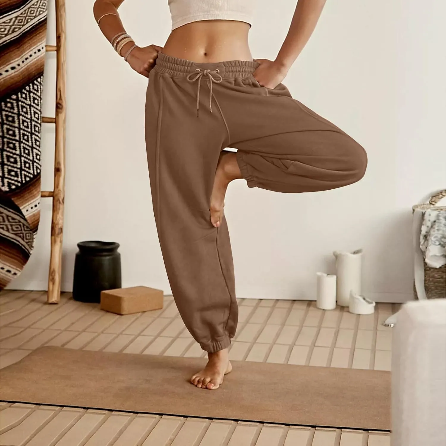 Womens Sweatpants Joggers Elastic High Waist Drawstring Lightweight Office Pants Slim Fit Trousers with Pocket 2024